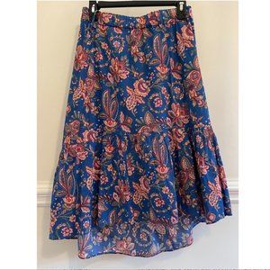 J. Crew Liberty London Blue Flora Belle Belted Tiered Midi High Low Skirt Sz 2